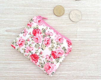 Floral coin purse, Rose Credit card wallet, Small zipper pouch, Medication pouch, Flower power gift for woman or girl