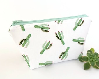 Cactus makeup bag, Cactus zipper pouch, Small cosmetic bag, Travel make up pouch, Cute cactus gift, Mint green and white, Bridesmaid gift