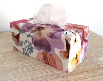 Floral fabric tissue box cover with pressed flowers print