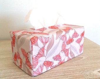 Fabric tissue box cover with pink eucalyptus blossom, Australian native flora Housewarming gift for young woman