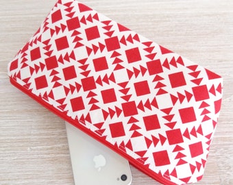 Long makeup bag, Pencil case, Makeup brush bag, Geometrical zipper pouch, Teen girl gift with Red and white Aztec diamonds