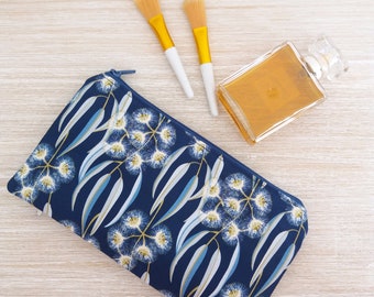 Australian floral pouch wallet with wattle flowers, Navy blue makeup purse, Gift for Mom, Australiana gift for woman, Jocelyn Proust