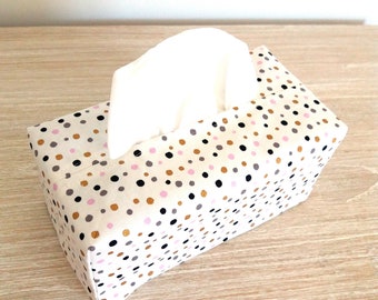 Fabric tissue box cover in white with purple lilac gold and black dots