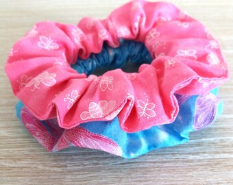 Butterfly Scrunchie Fabric Hair Tie in Pink and Aqua - dragonfly with glitters