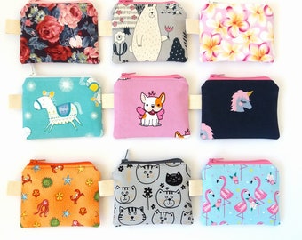 Girls coin purse, Cute coin pouch, Keychain wallet, Tiny zipper pouch, Floral purse for girls, Llama Unicorn Flamingo Cat Bear Dog Rose Crab