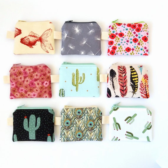 Floral Cotton Coin Purse: Small Zipper Pouch, Handmade