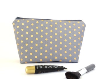 Large makeup bag, Metallic gold dots cosmetic bag, Polka dot zipper pouch for make up storage, Gift for woman