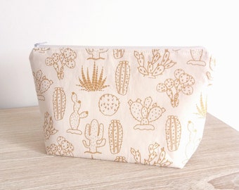 Gold cactus makeup bag, Cacti cosmetic bag, Women gifts, Large zipper pouch, Succulent gift, Zip pouch