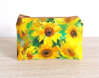 Floral card wallet, Sunflower coin pouch, Credit card wallet, Small zipper pouch for medication, Floral gift for woman