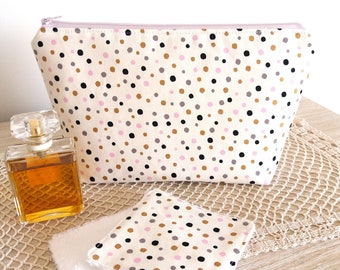 White cosmetic bag with polka dots, Makeup bag, Confetti travel zipper pouch, Useful gift for Mom Sister Woman