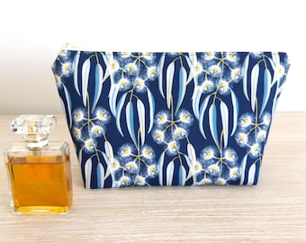 Zipper cosmetic bag with Australian native wattle print in dark blue, Large makeup purse, Australian gifts for her, Jocelyn Proust