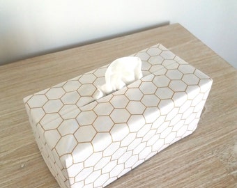 Fabric tissue box cover with gold honeycomb print on pure white background, Housewarming gift, Room decor for woman