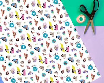 90er Jahre Nostalgie Geschenkpapier: Retro Icons, starke Formen, handgeschnittene Collage