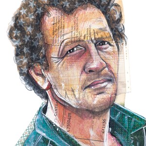 May include: A mixed-media portrait of a man with a contemplative expression. The artwork incorporates collage elements, including text fragments and a grid overlay. The man's hair is adorned with star-shaped accents, and the color palette is muted with earthy tones.