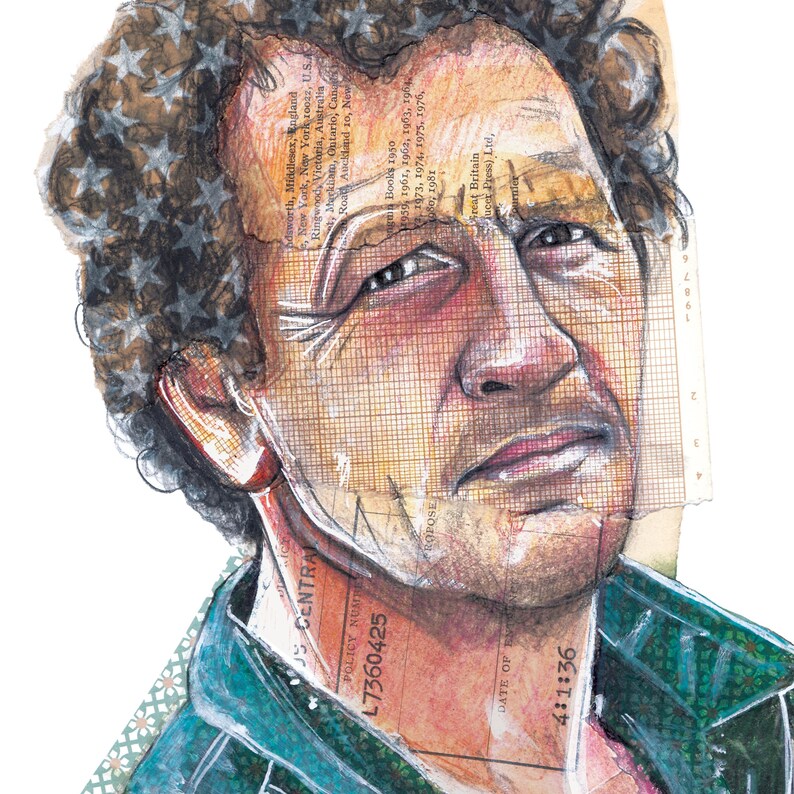 May include: A mixed-media portrait of a man with a contemplative expression. The artwork incorporates collage elements, including text fragments and a grid overlay. The man's hair is adorned with star-shaped accents, and the color palette is muted with earthy tones.