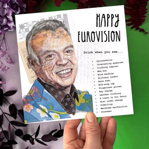 Carte drôle de jeu à boire Eurovision - Carte inspirée de Graham Norton - Carte de fête Eurovision - Icône de la télévision britannique - Carte de voeux de jeu à boire