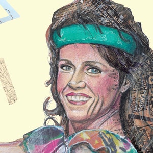 May include: A colorful illustration of a woman with brown hair wearing a green headband and sunglasses. The background is made of newspaper clippings.