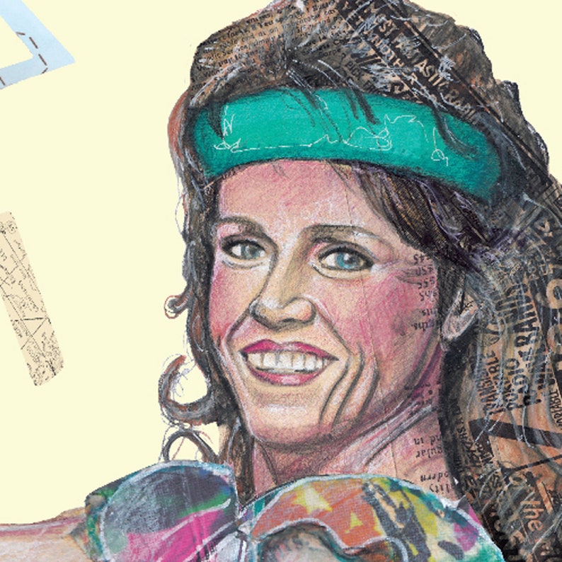 May include: A colorful illustration of a woman with brown hair wearing a green headband and sunglasses. The background is made of newspaper clippings.