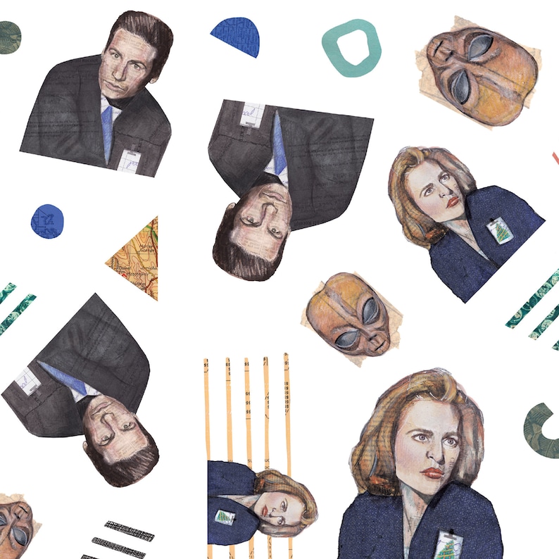 May include: A digital collage featuring various characters and geometric shapes. The characters include a green alien, a person with brown hair, and a person with blonde hair. The geometric shapes include circles, triangles, and rectangles. The collage is made up of different colors, including blue, green, red, and yellow.