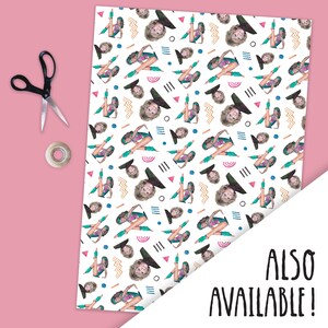 May include: White wrapping paper with a repeating pattern of a woman in a teal leotard and leg warmers doing a leg lift exercise. The background is filled with geometric shapes in pink, blue, black, and yellow.
