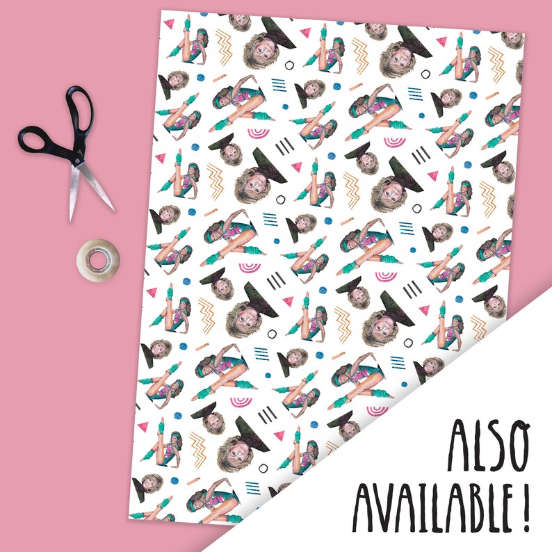 May include: White wrapping paper with a repeating pattern of a woman in a teal leotard and leg warmers doing a leg lift exercise. The background is filled with geometric shapes in pink, blue, black, and yellow.