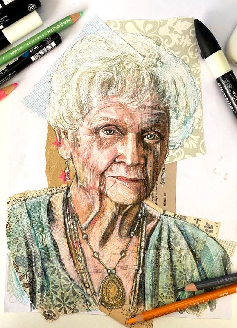 May include: Mixed media portrait of an elderly woman with white hair, wearing a patterned teal top and a long necklace with a pendant. The artwork is created with coloured pencils and collage elements.