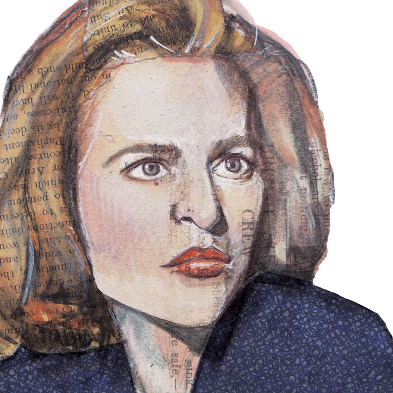 May include: A watercolor painting of a woman with blonde hair wearing a dark blue jacket. The woman has a serious expression on her face and is looking directly at the viewer. The painting is done on a textured background with newspaper clippings visible.