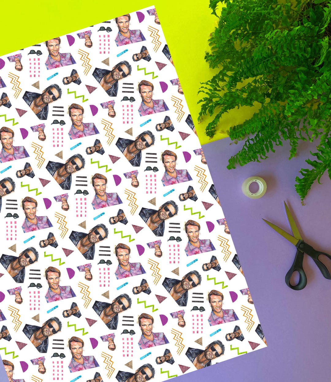 Funny Arnie Wrapping Paper: 80s-90s Movie Nostalgia Gift Wrap