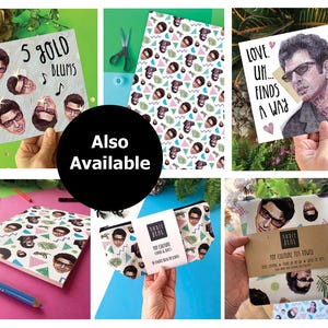 May include: Various products with a portrait design, including cards, a notebook, a tea towel, and a cosmetic bag. The items display a repeating pattern of the portrait and geometric shapes. The text "5 Gold Blums" is visible on one card.