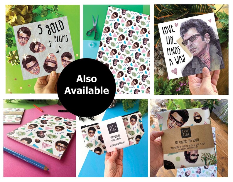 May include: Various products with a portrait design, including cards, a notebook, a tea towel, and a cosmetic bag. The items display a repeating pattern of the portrait and geometric shapes. The text "5 Gold Blums" is visible on one card.