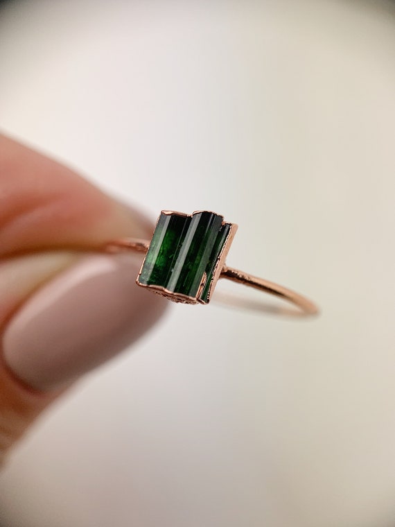 Tourmaline Ring, Electroformed Tourmaline Ring, Green Tourmaline Ring Size P 1/2