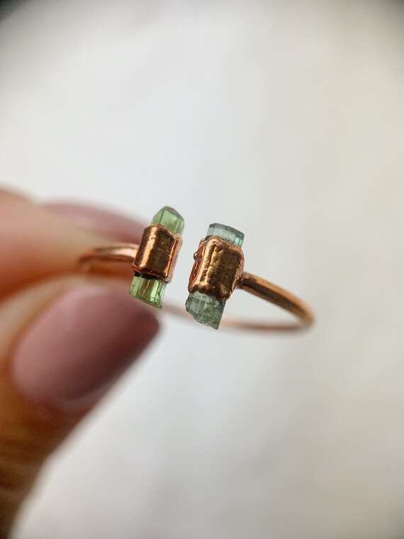 Copper Electroformed Green Tourmaline Crystal Ring size 6