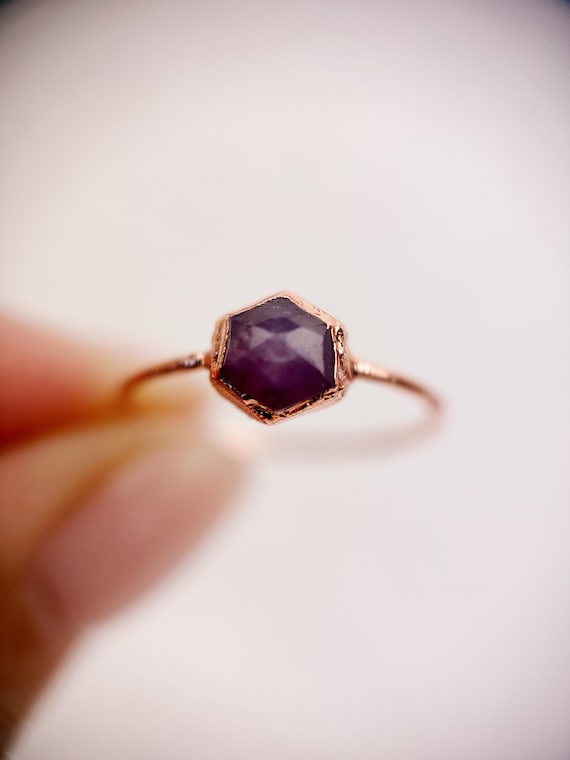 Ruby Ring, Electroformed Ruby Ring, Hexagonal, Rose Cut, Ruby Copper Ring Size M 1/2