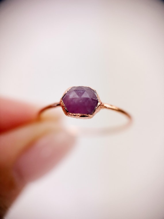 Ruby Ring, Electroformed Ruby Ring, Hexagonal, Rose Cut, Ruby Copper Ring Size O 1/2