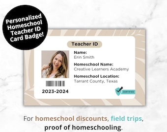 Homeschool Teacher ID Card Badge, Customizable Badge, Homeschool Parent, Co-Op Leader, Tutor, Educator, Personalized Printed PVC