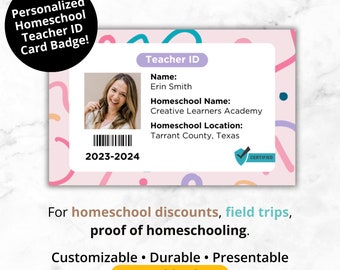 Homeschool Teacher ID Card Badge, Customizable Badge, Homeschool Parent, Co-Op Leader, Tutor, Educator, Personalized Printed PVC