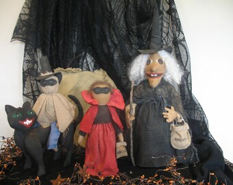 Primitive Halloween Trick or Treat set. Witch, Devil and Ghost on Black Cat.