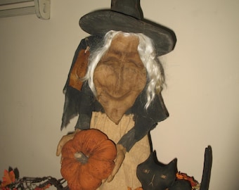 Primitive Halloween Old Crone Hexe mit Katze und Kürbis