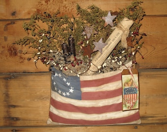 Primitive American Flag Independence Day Wall Hanger with Declaration Scroll