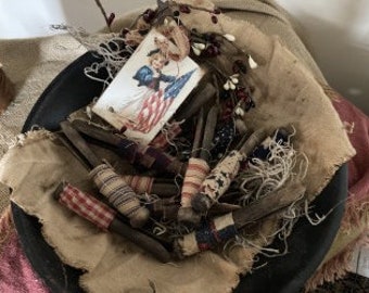 Americana Primitive  Vintage clothespin wrapped bowl filler