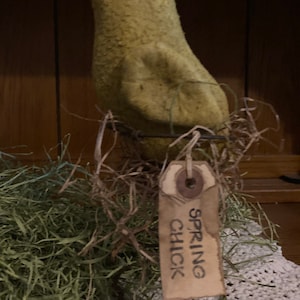 May include: A green felt spring chick with an orange beak and a brown tag that says "Spring Chick". The chick is sitting on a rusty spring and surrounded by green straw.