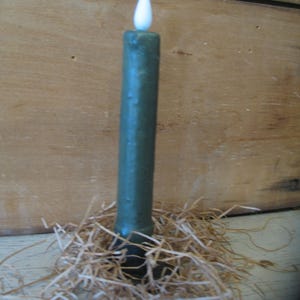 May include: A green battery-operated candle with a white flame, set in a bed of straw. The candle has a textured surface and a black base. The background is a wooden surface.