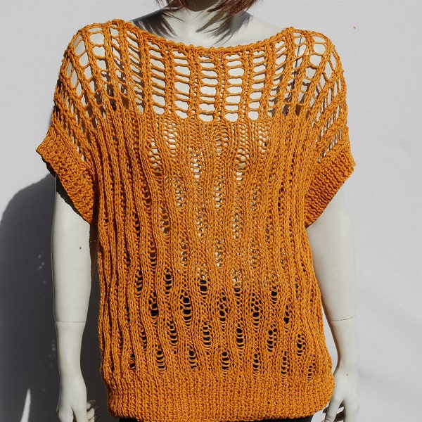 Cotton Knitwear-Loose Sweater-Openwork Top-Summer Knitwear-Knitted Sweater-Womens Blouse-Knit Sweater Women-Neck Top-Opework Blouse