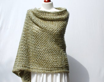 Green Mohair Lace Shawl – Hand Knitted Bridal Wrap, Lightweight Summer Scarf
