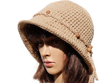 Handmade Crochet Bucket Hat, Cotton Linen Boho Sun Hat, Wide Brim Summer Style