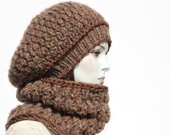 Hat scarf set women-French beret-Slouchy beanie women-Knitted neck warmer-Cowl neck warmer-Chunky wool scarf