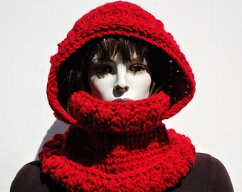 Wool hooded scarf-Hooded cowl scarf-Warm hooded scarf-Hooded scarf crochet