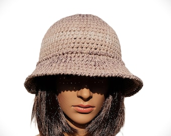 Handmade Crochet Bucket Hat, Cotton Linen Viscose Hat, Lightweight Breathable Summer Hat, Beige Melange Boho Sun Hat
