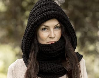 Wool Black Hooded Infinity Scarf: Cozy Knit Cowl for Winter Warmth and Style