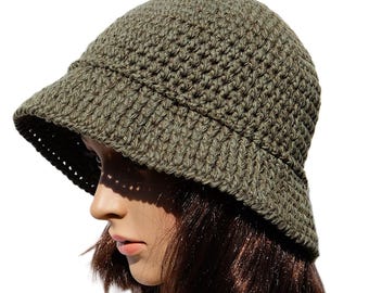Olive Green Crochet Hat, Khaki Bucket Hat, Linen Cotton Summer Hat, Boho Sun Hat, Natural Fiber Lightweight Hat